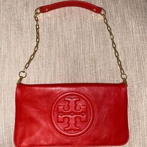 Tory Burch Red Leather Shoulder Bag with Gold Chain